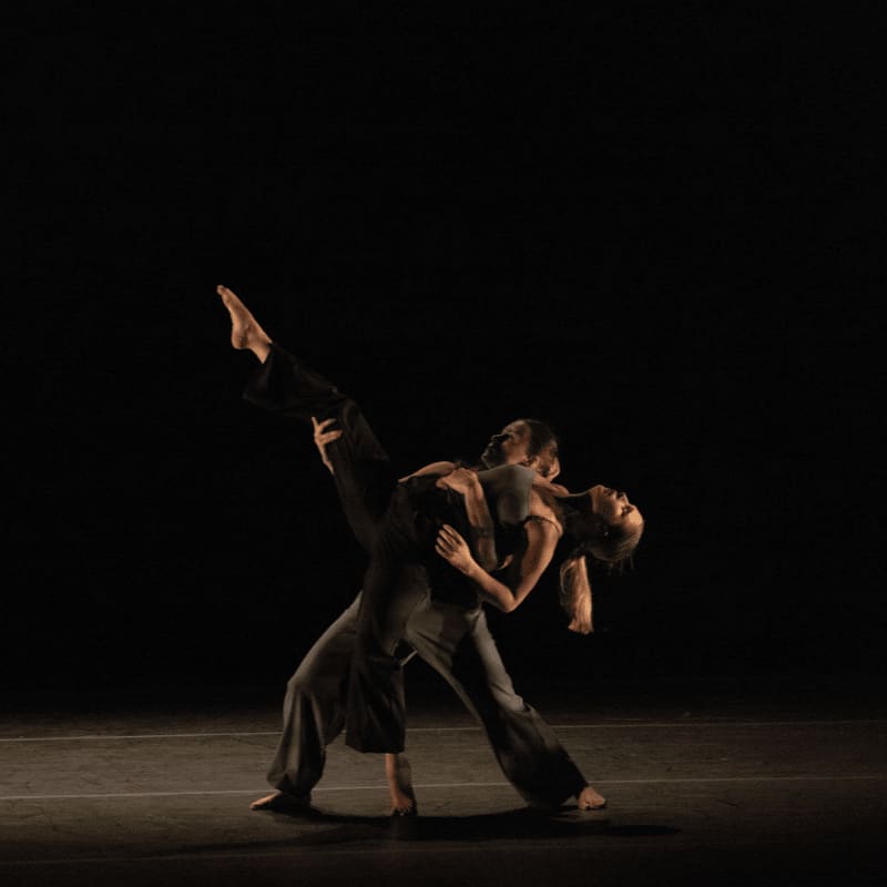 A male dancer supports a female dancer in a dramatic pose on a dark stage.