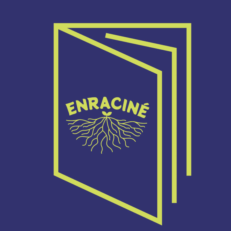 A stylized open book with the word "ENRACINE" and a root system logo is set against a deep purple background.