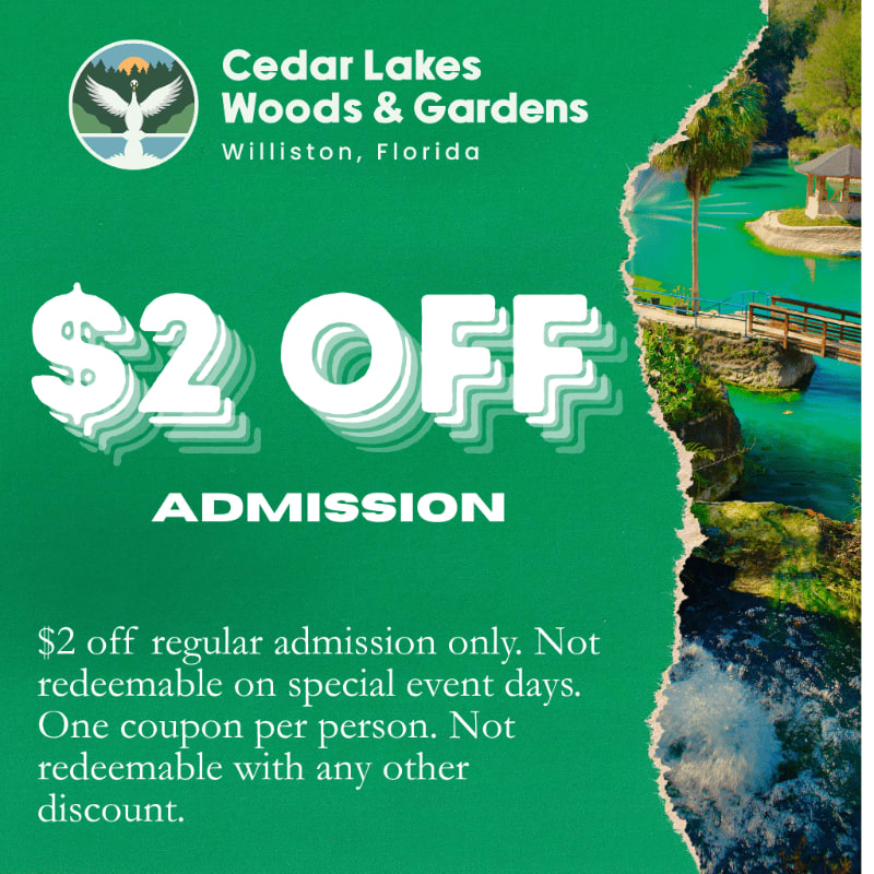A green advertisement for Cedar Lakes Woods & Gardens offers $2 off admission, with a scenic background of turquoise water, bridges, and lush greenery.