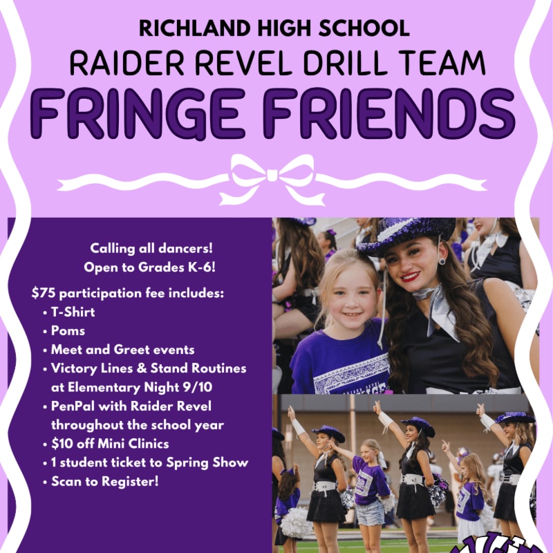 A purple flyer advertises a "Fringe Friends" event for the Richland High School Raider Revel Drill Team, featuring a photo of two smiling girls in drill team uniforms in the background.