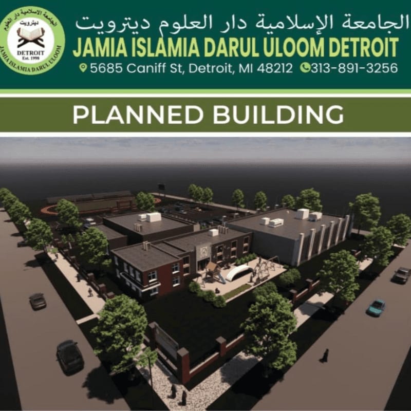 A planned building for Jamia Islamia Darul Uloom Detroit is shown with a playground in the foreground and a dark, cloudy sky in the background.