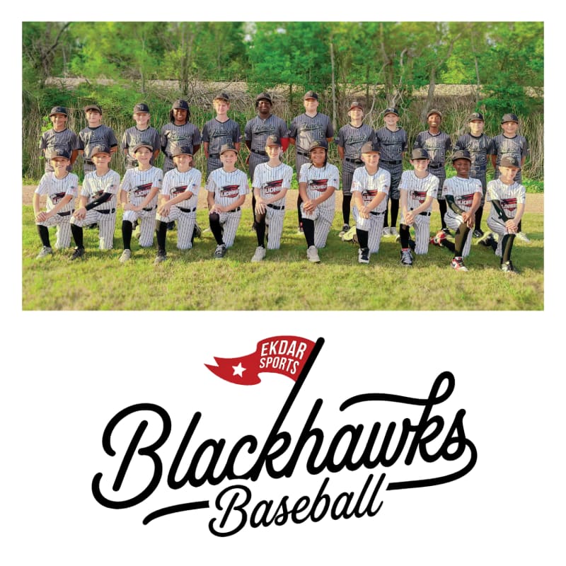 A baseball team poses for a photo in front of a grassy field and trees, with the "Blackhawks Baseball" logo below.