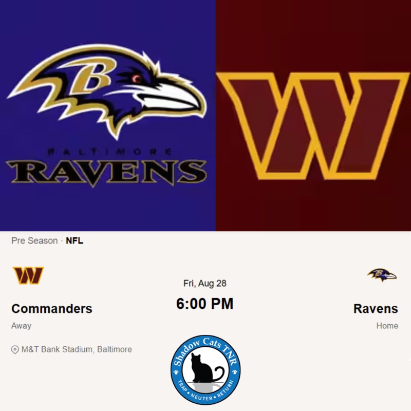 The foreground displays a graphic with the Baltimore Ravens and Washington Commanders logos, game details, and a "Shadow Cats TNR" emblem, while the background is split between the purple and gold Ravens logo and the burgundy and gold Commanders logo.