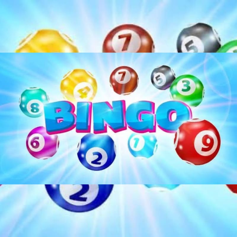 Colorful bingo balls with numbers float around the word "BINGO" against a bright blue, sunburst background.