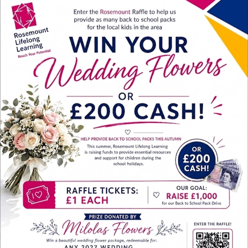 A wedding bouquet and cash are featured in the foreground of a raffle poster for Rosemount Lifelong Learning, with colorful geometric shapes in the background.