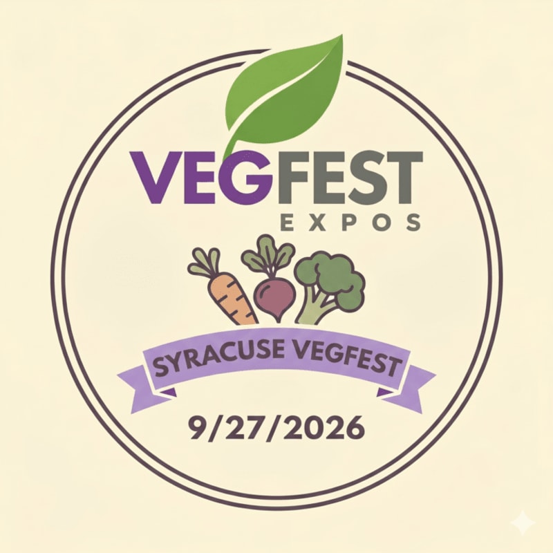 A circular logo for "VegFest Expos" in Syracuse, dated 9/27/2026, features a green leaf above the text, with cartoon vegetables in the foreground and a light beige background.