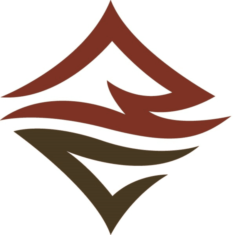 A stylized diamond shape in maroon and brown is centered against a white background.