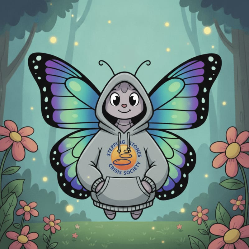 A cartoon cat with large butterfly wings and a hoodie stands in a whimsical forest clearing with glowing fireflies and pink flowers.