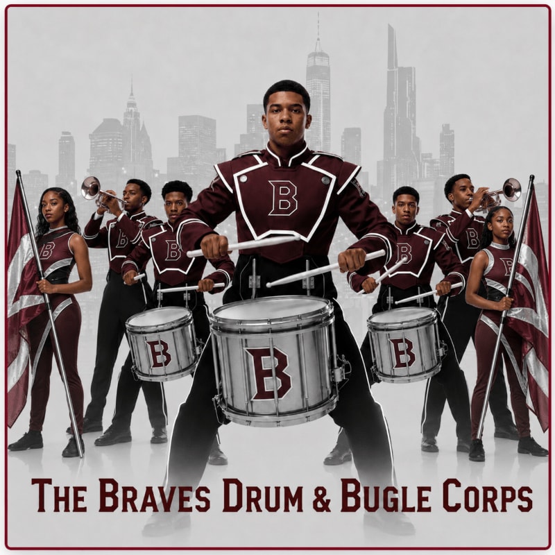 A drum major leads a marching band in uniform with drums and flags in the foreground, set against a hazy cityscape in the background.