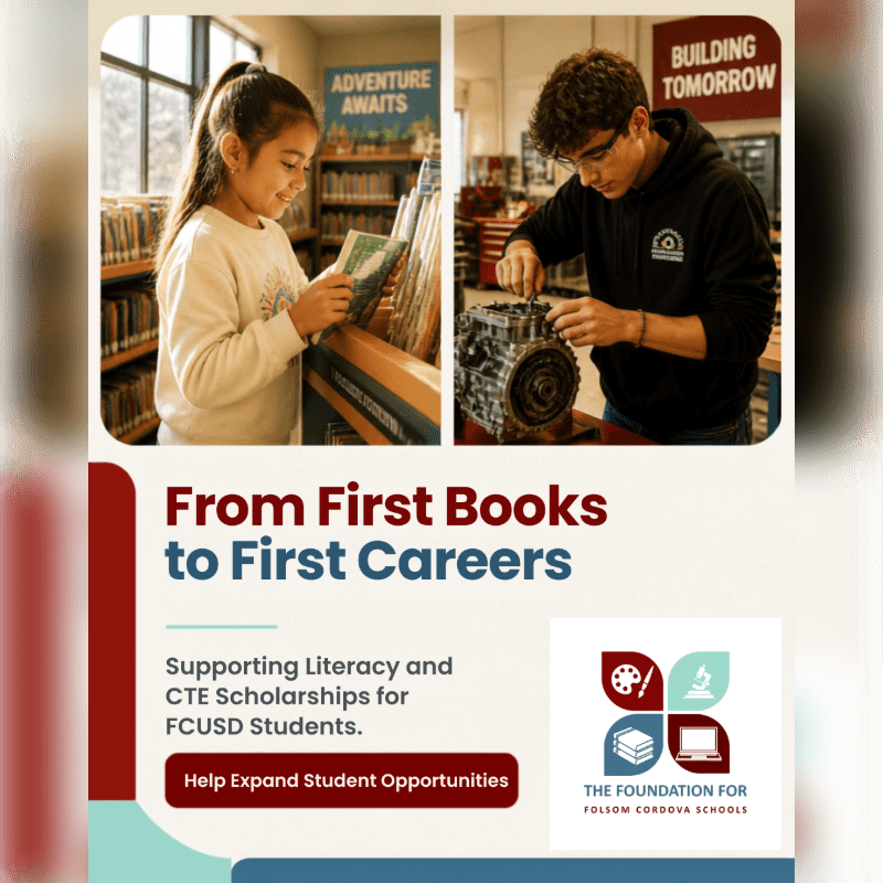 A young girl reads a book in a library in the foreground, while a young man works on machinery in a workshop in the background, all under the text "From First Books to First Careers."