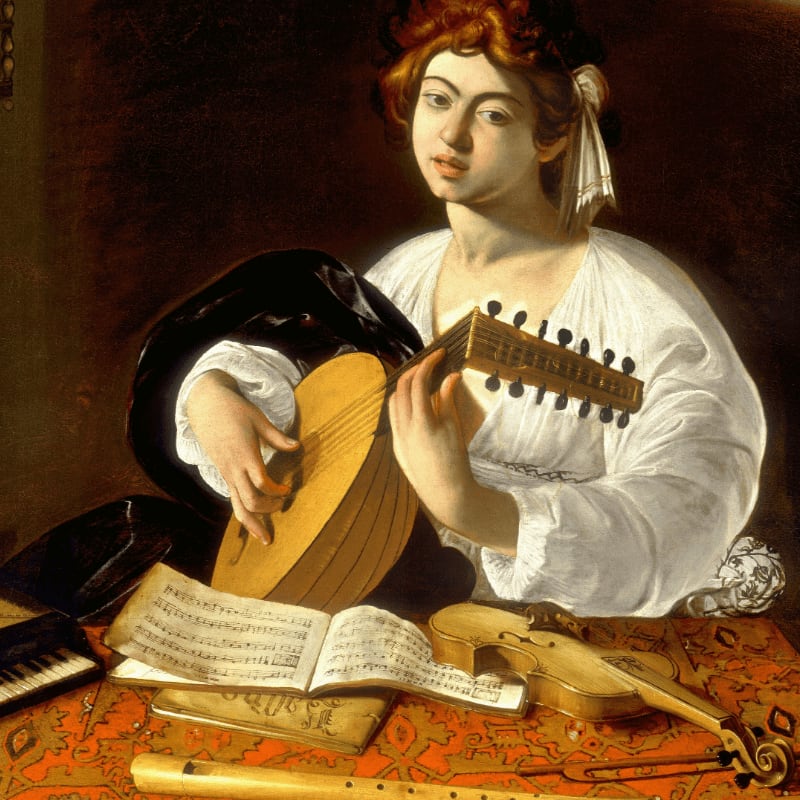 A young woman with auburn hair plays a lute in the foreground, surrounded by sheet music, a violin, and a recorder, against a dark, indistinct background.