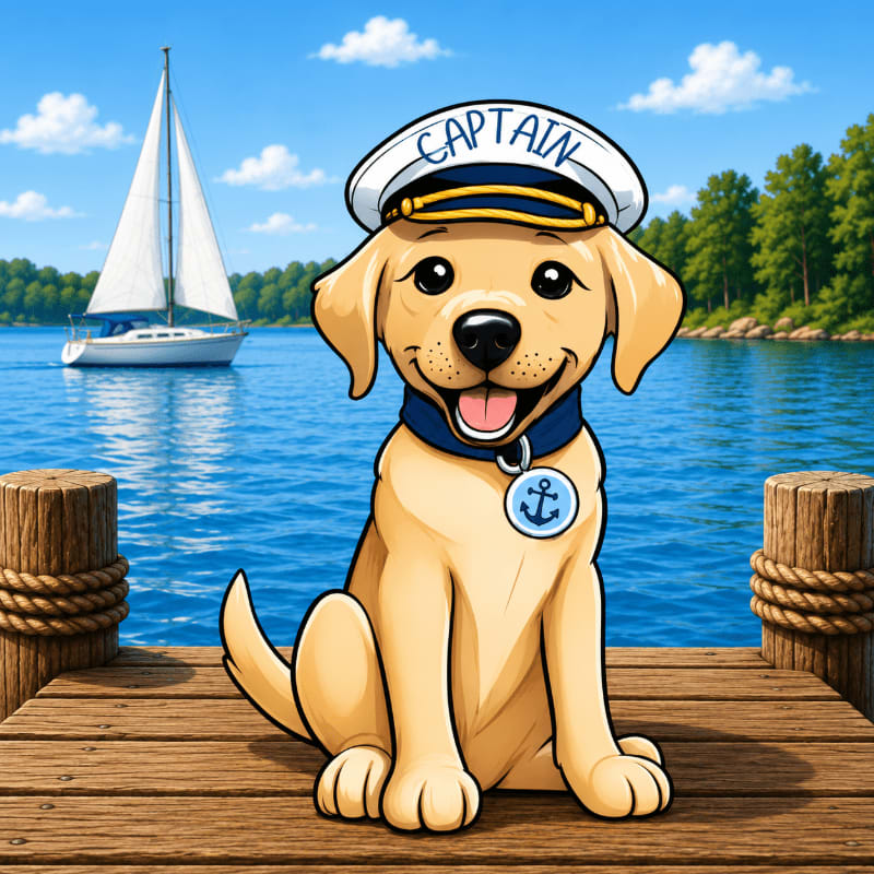 A happy yellow lab wearing a captain's hat sits on a wooden dock with a sailboat in the background on a sunny day.