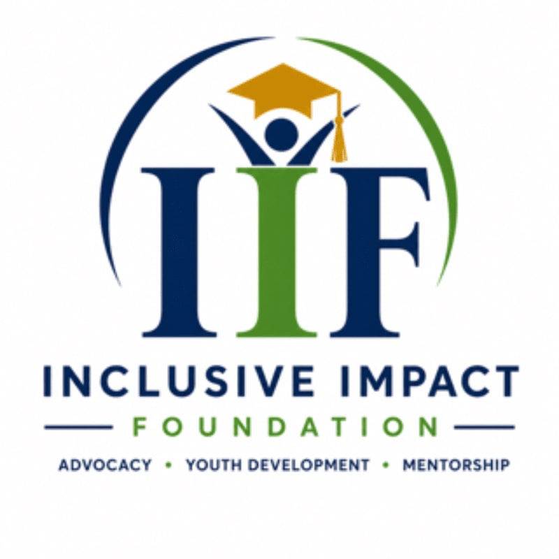 A stylized logo for the Inclusive Impact Foundation features a graduation cap atop a figure with outstretched arms in the foreground, set against a white background with green and blue arcs.
