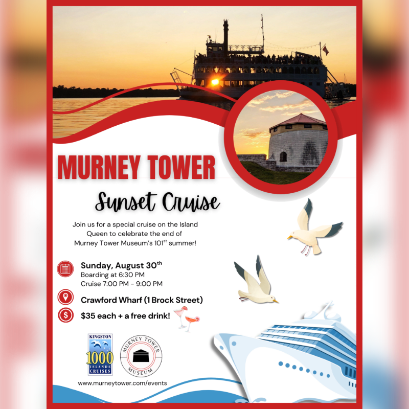 A sunset cruise advertisement features a steamboat and a tower in the background, with seagulls and a cruise ship in the foreground.