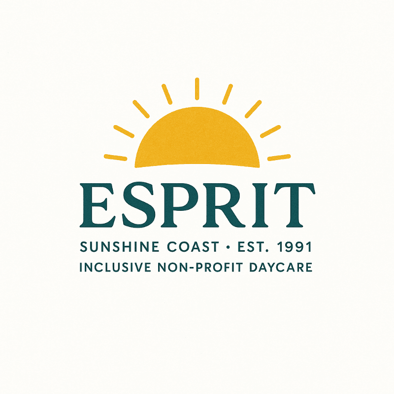 A yellow sun with rays arches over the word "ESPRIT" in dark teal, with "SUNSHINE COAST EST. 1991 INCLUSIVE NON-PROFIT DAYCARE" in smaller text below, all set against a cream background.
