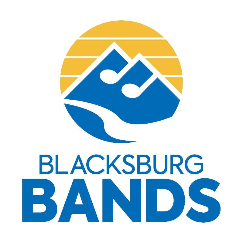 A blue mountain range with musical notes is set against a yellow striped circle in the background, with "BLACKSBURG BANDS" written below in bold blue letters.