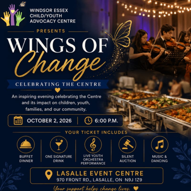 A flyer for the "Wings of Change" event at the LaSalle Event Centre on October 2, 2026, features a buffet dinner in the foreground and a youth orchestra performing in the background.