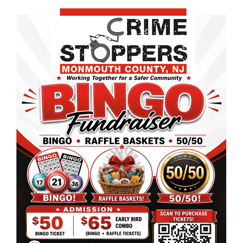 A "Crime Stoppers Monmouth County, NJ" bingo fundraiser is advertised with details on admission prices and activities like raffle baskets and 50/50, set against a red and white background.