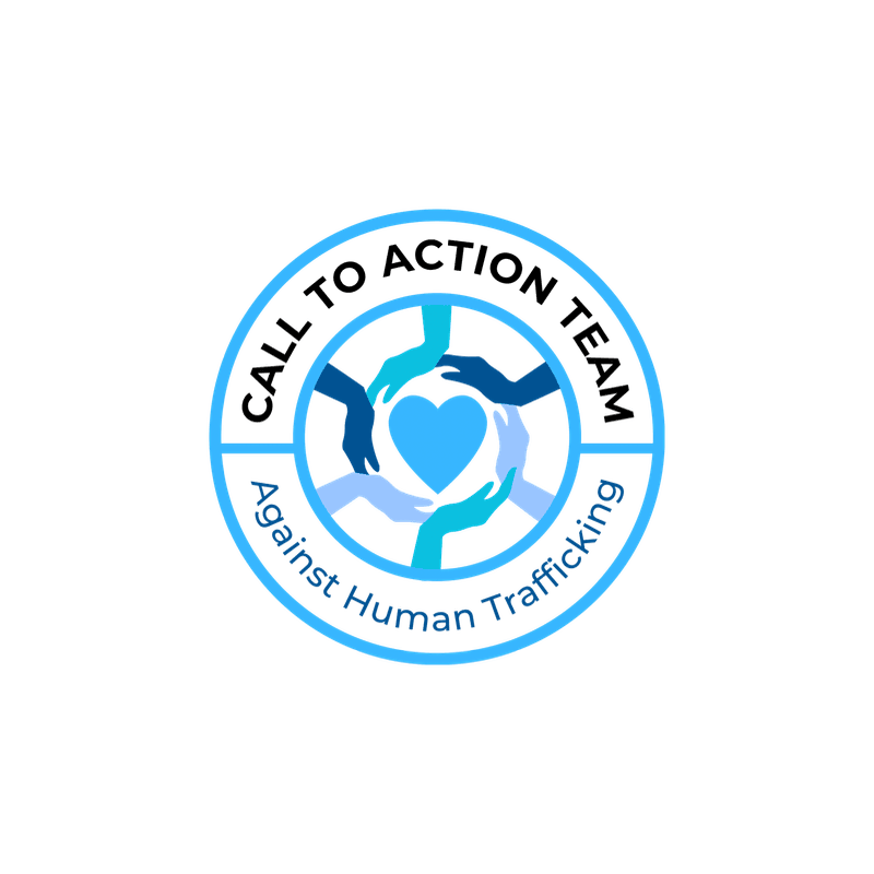 A circular logo with the words "CALL TO ACTION TEAM Against Human Trafficking" encircles a blue heart formed by interlocked hands of various skin tones, all set against a white background.