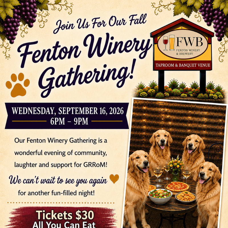 A fall winery gathering invitation features a paw print and grapes in the foreground, with a sign for Fenton Winery and four golden retrievers at a table in the background.