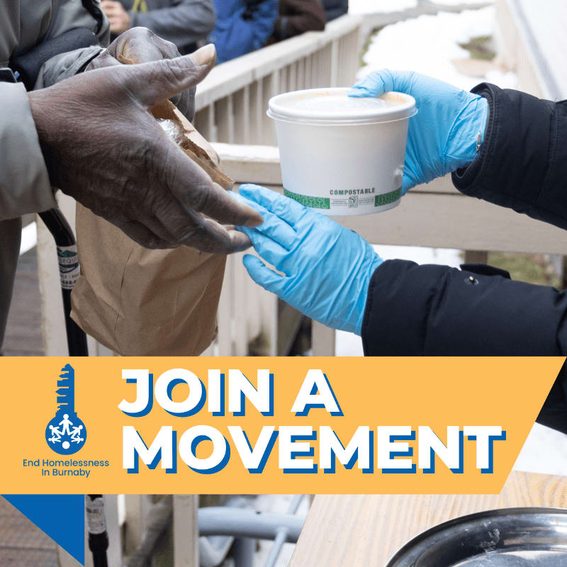 Gloves hands offer a container of food to another person in the foreground, while a yellow banner with text and a logo is overlaid on the bottom of the image, with a blurred background of people and a railing.