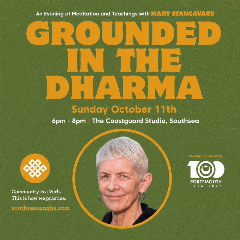 A portrait of Mary Stancavage is centered in the foreground against a green background advertising an evening of meditation and teachings.