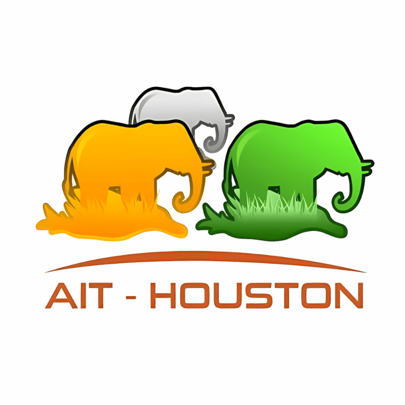 Three stylized elephants, one orange, one green, and one gray, stand in grassy patches against a white background, with the text "AIT - HOUSTON" below them.