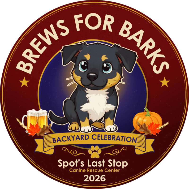 A cartoon puppy sits in front of a pumpkin and a mug of beer, with the text "BREWS FOR BARKS" and "BACKYARD CELEBRATION" surrounding it.