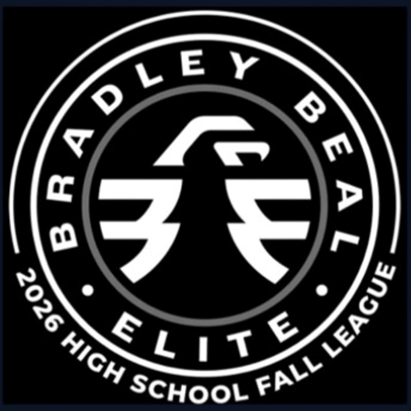 A circular logo with "BRADLEY BEAL ELITE 2026 HIGH SCHOOL FALL LEAGUE" written around the edge, featuring a stylized eagle in the center, is set against a black background.