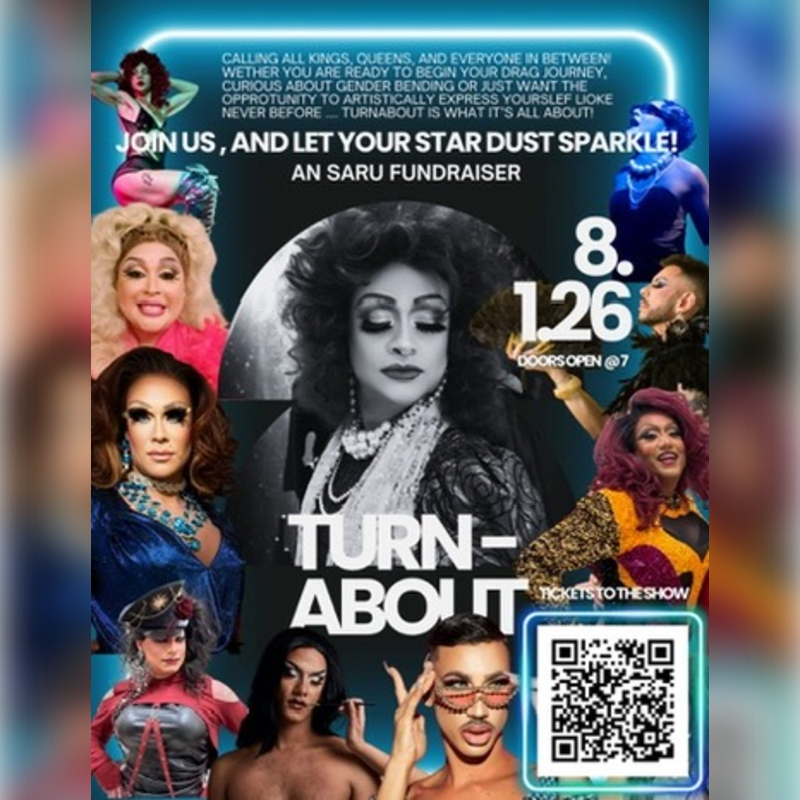 A vibrant poster for a drag show fundraiser features a central black and white portrait of a performer surrounded by colorful portraits of other drag artists, with event details and a QR code in the foreground.