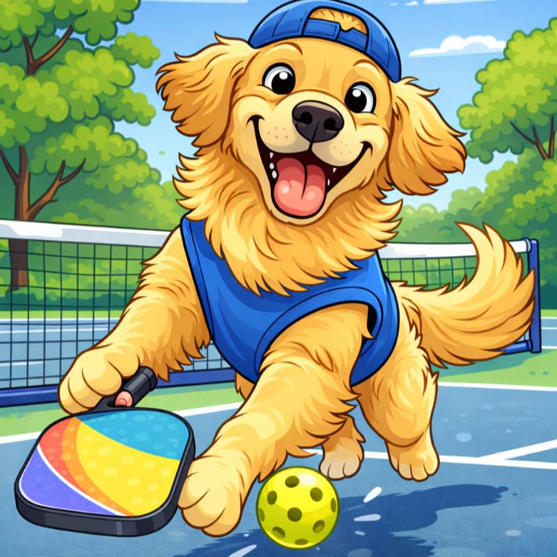 A happy golden retriever in a blue shirt and hat lunges for a pickleball on a court with trees in the background.