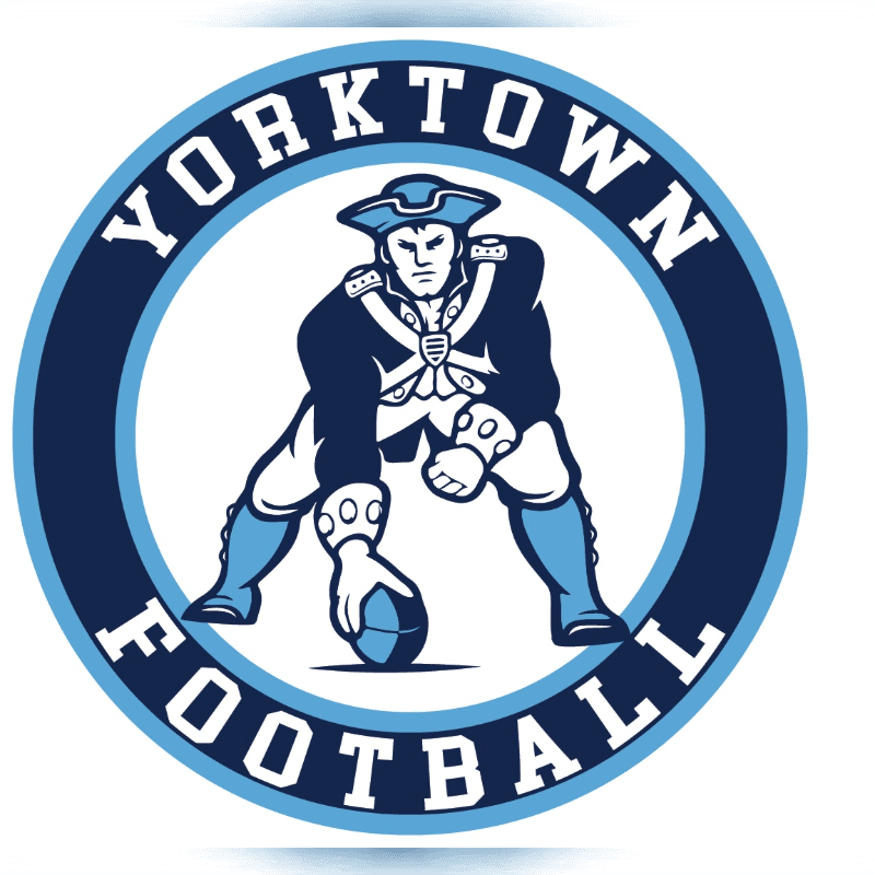 A circular logo features a colonial soldier in a crouched football stance in the foreground, with the words "YORKTOWN FOOTBALL" encircling him against a white background.