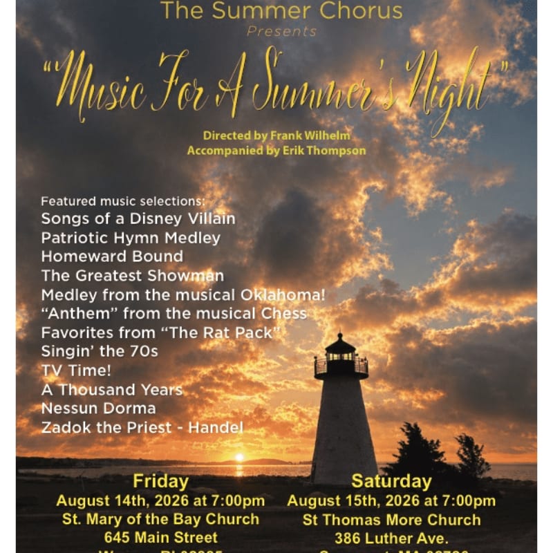 A lighthouse stands silhouetted against a sunset sky, with a concert program listing musical selections and performance dates in the foreground.