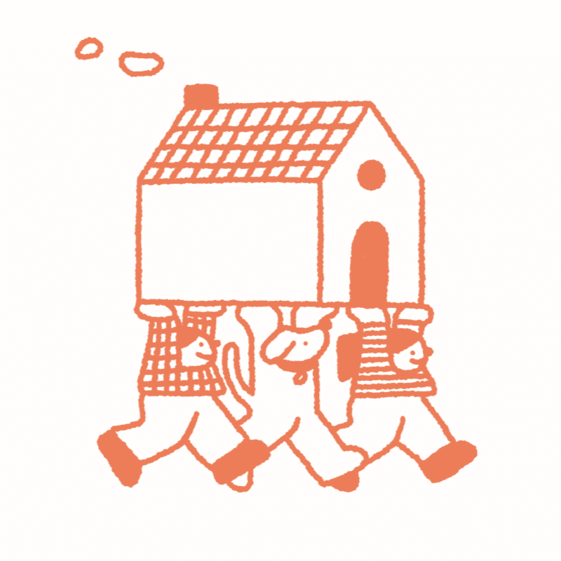Three figures, two people and a dog, carry a house with a smoking chimney against a plain white background.