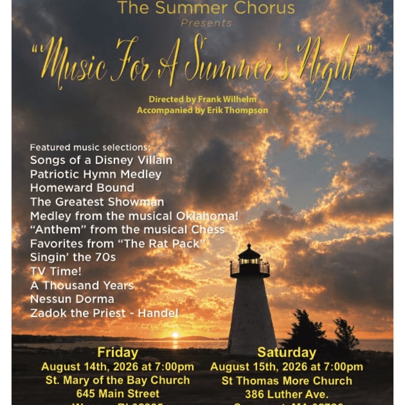 A lighthouse stands silhouetted against a sunset sky, with a concert program listing musical selections and performance dates in the foreground.