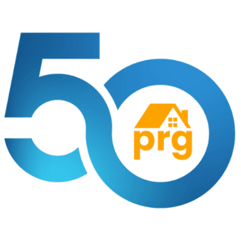 A large blue "50" with a gradient from light blue to dark blue encircles a white circle containing an orange house logo with "prg" written below it.