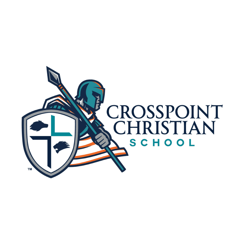 A shield and a warrior with a spear are in the foreground, with the words "CROSSPOINT CHRISTIAN SCHOOL" in the background.