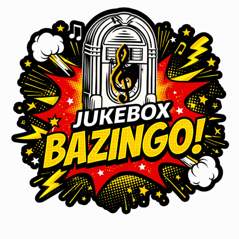 A retro jukebox with a treble clef is centered on a red explosion graphic with yellow stars and lightning bolts, all against a white background.