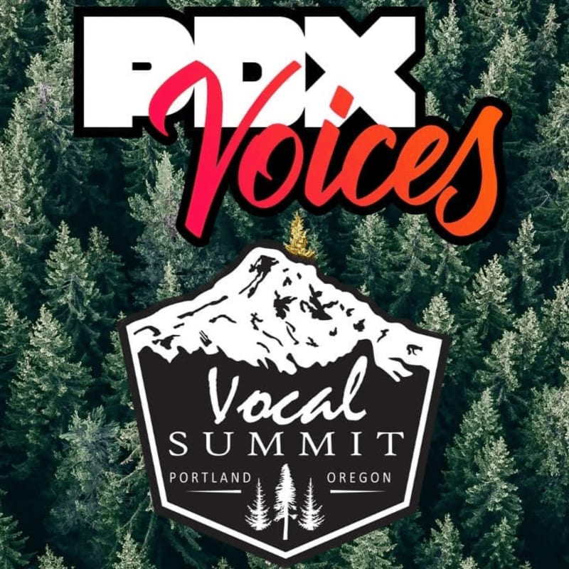 A logo for "PDX Voices Vocal Summit Portland Oregon" is superimposed over a dense forest background.