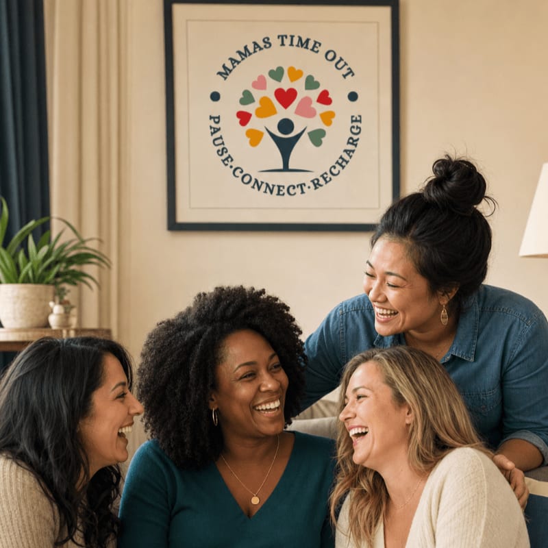 Four women laugh together in a living room, with a framed "Mamas Time Out" poster hanging on the wall behind them.