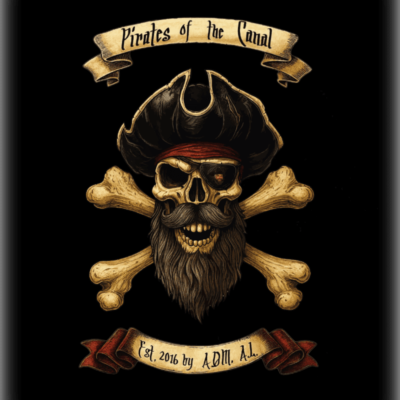 A skull with a pirate hat, eyepatch, and beard is crossed with bones in the foreground, set against a black background with banners above and below.