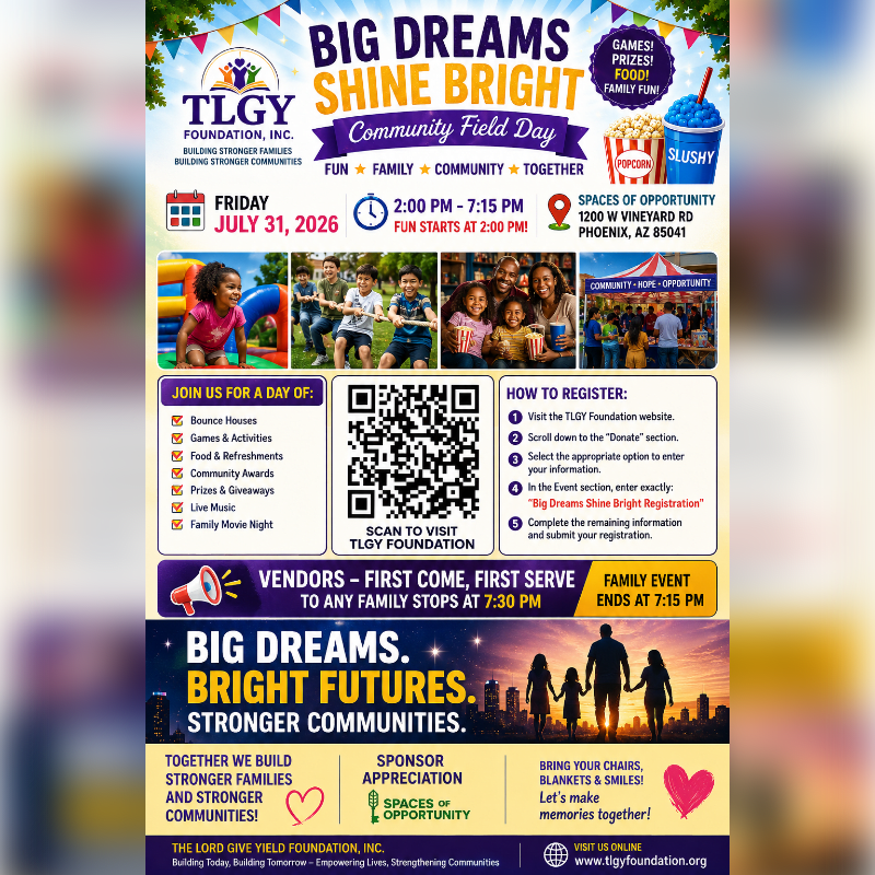 A colorful flyer advertises a "Big Dreams Shine Bright Community Field Day" with a family enjoying activities in the foreground and event details in the background.