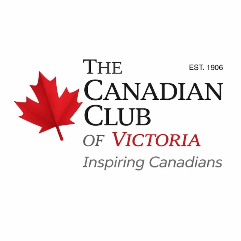 A red maple leaf is positioned to the left of the text "THE CANADIAN CLUB OF VICTORIA Inspiring Canadians" with "EST. 1906" in the upper right corner, all set against a white background.