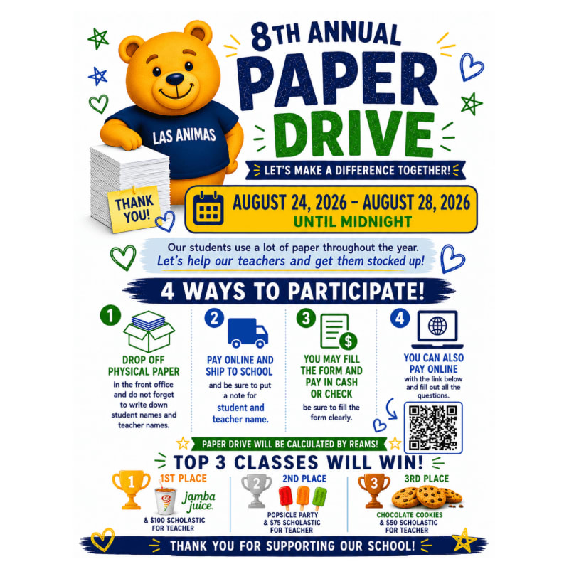 A cartoon bear holding a stack of paper stands in the foreground, while the background advertises the 8th Annual Paper Drive with event details and participation instructions.