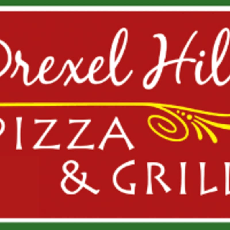 White script text reading "Drexel Hill" is in the foreground against a red background, with "PIZZA & GRILL" in white block letters below, accented by a yellow flourish.