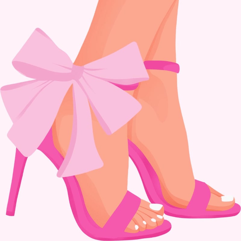Pink high heels with large bows adorn a pair of feet against a pale pink background.
