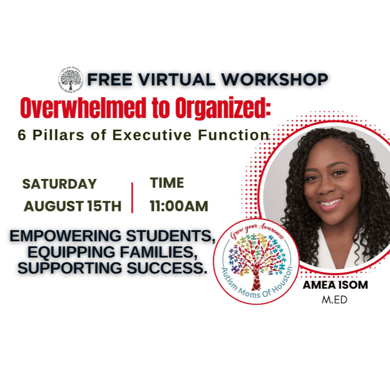 A smiling woman with dark curly hair is featured in the foreground, with text detailing a free virtual workshop on executive function in the background.