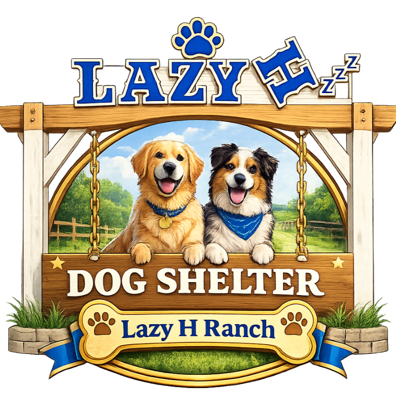 Two happy dogs, a golden retriever and a border collie mix, peek over a sign for "Lazy H Ranch Dog Shelter" with a sunny, green landscape in the background.