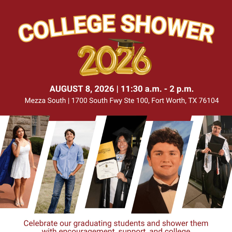 A maroon background with "COLLEGE SHOWER 2026" at the top, and a row of five graduating students in the foreground.