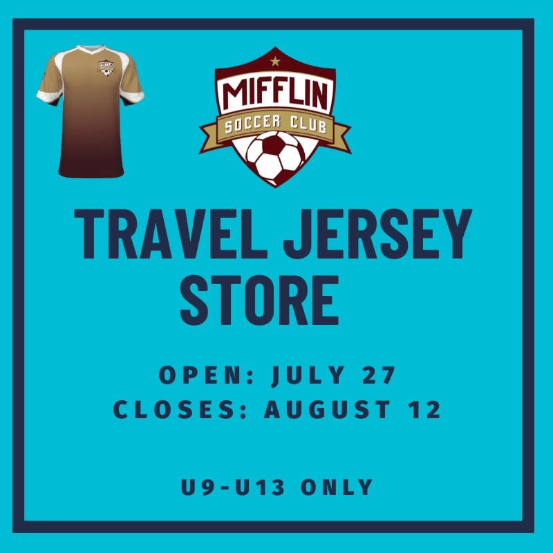 A brown and tan soccer jersey is displayed in the foreground against a teal background with the Mifflin Soccer Club logo and text announcing a travel jersey store.